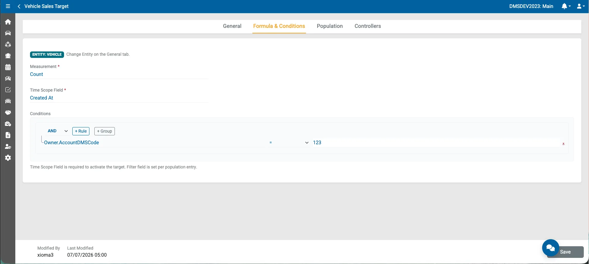 Sales target formula and conditions — count measurement with rule-based condition builder