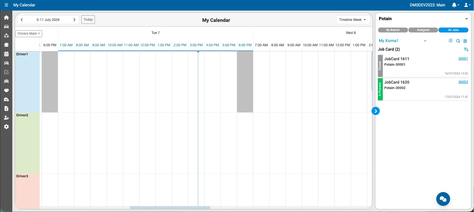 Weekly driver dispatch calendar — per-driver timeline with job card assignment panel