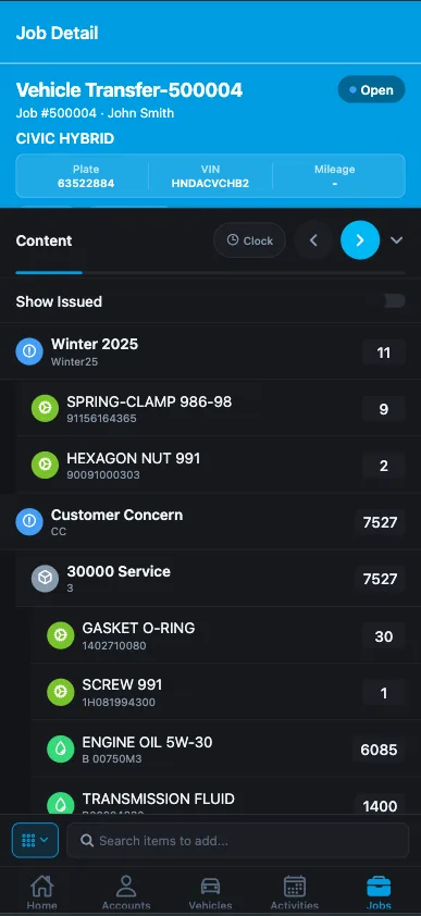 Field agent app — job detail with parts and materials for a vehicle transfer work order