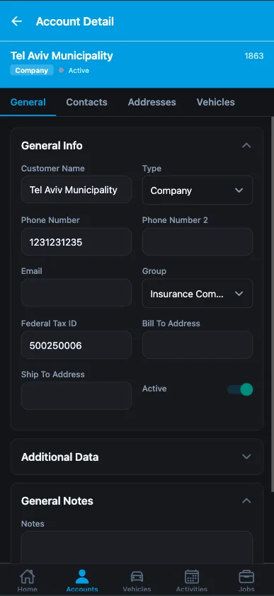 Field agent app — customer account with general info, contacts and vehicles