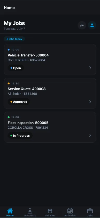 Field agent app — My Jobs list with the day's transfer, quote and inspection jobs