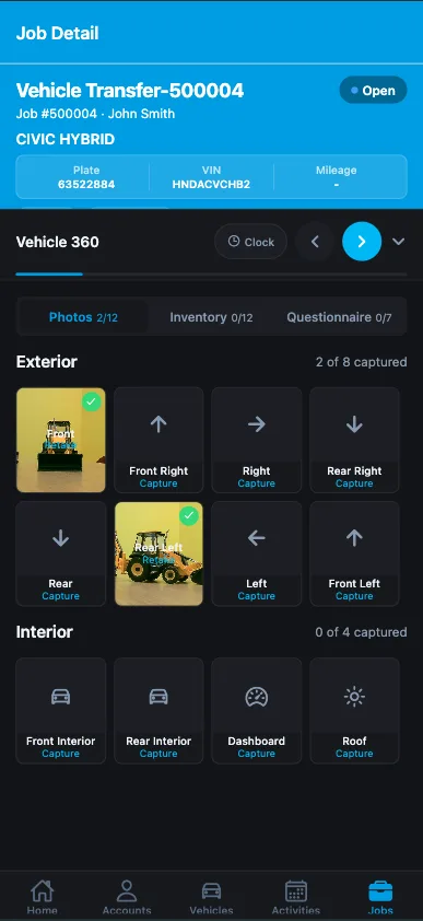 Field agent app — vehicle 360 photo capture checklist for exterior and interior shots