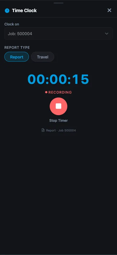 Field agent app — time clock recording work time against a job