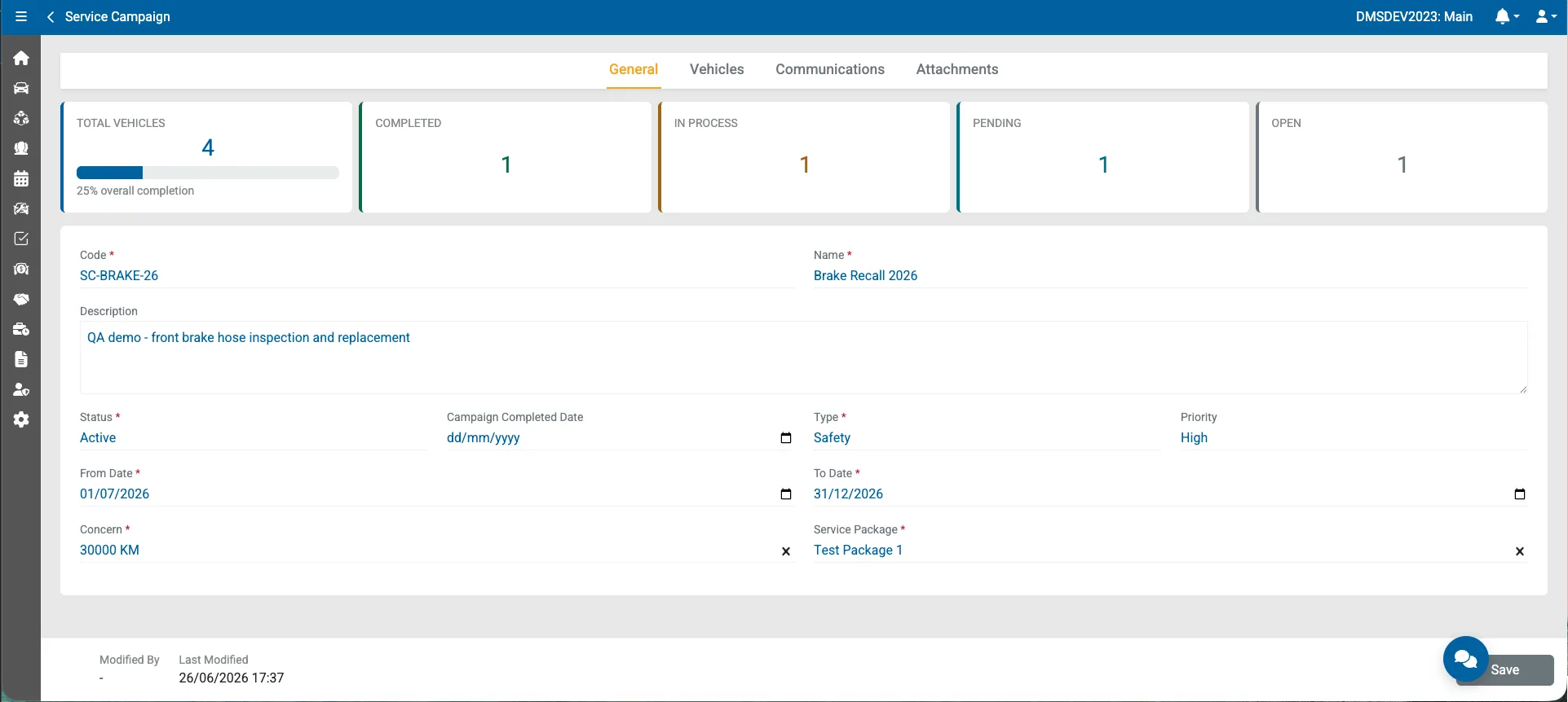 Service campaign record — brake recall with total, completed, in-process and pending vehicle counters