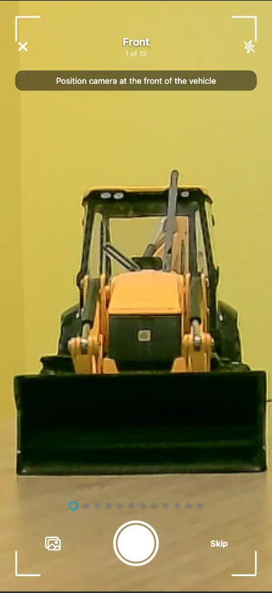 Mobile app — guided camera capture at the front of the vehicle