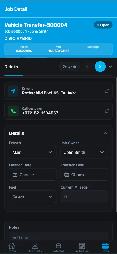 Mobile app — job detail with customer navigation, call shortcut and transfer details