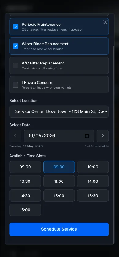 Self-service portal — booking step choosing location, date and appointment slot