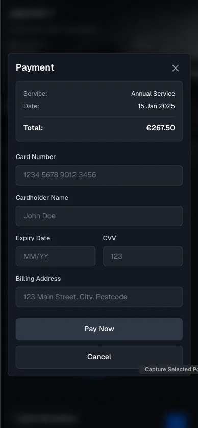 Self-service portal — online payment screen with service total and card entry