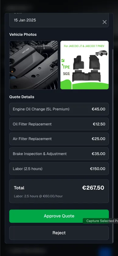 Self-service portal — itemized service quote with approve and reject buttons