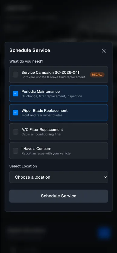 Self-service portal — schedule service dialog with maintenance and recall options
