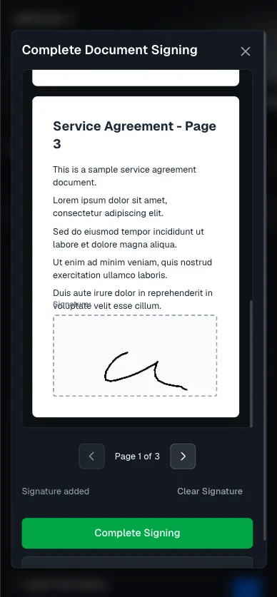 Self-service portal — service agreement document with customer signature
