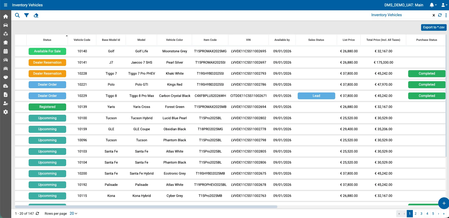 Inventory management — stock items with status, item codes and pricing