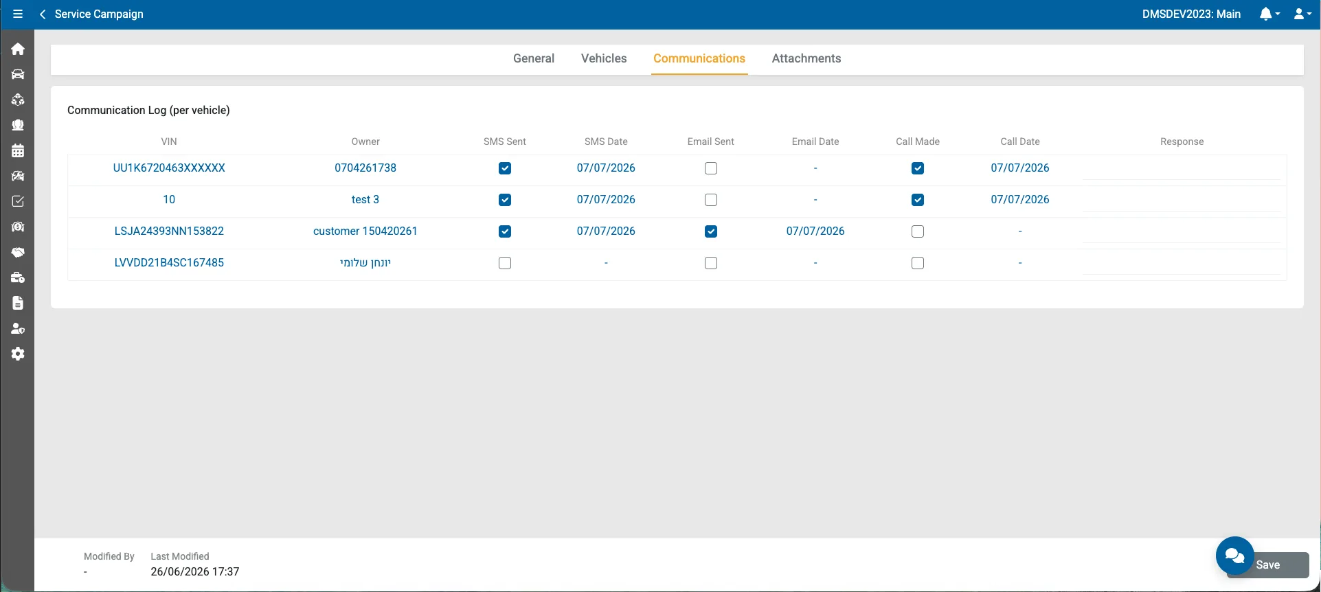 Campaign communication log — SMS, email and call contact dates per vehicle
