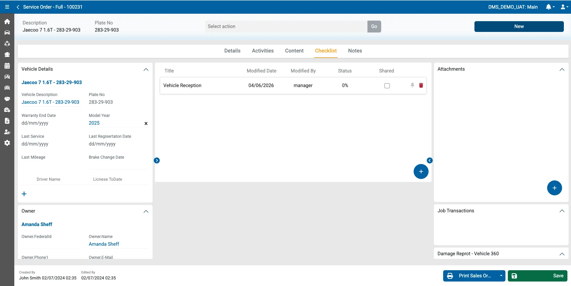 Service checklist — checklist added to the job card