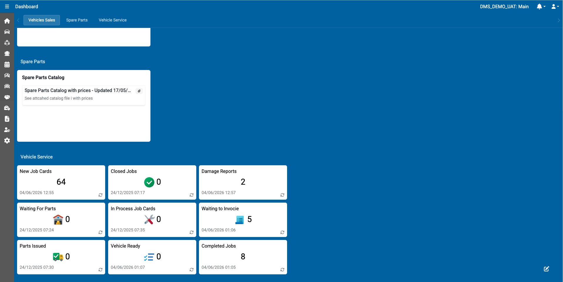 Service dashboard — job cards, workshop KPIs and daily throughput