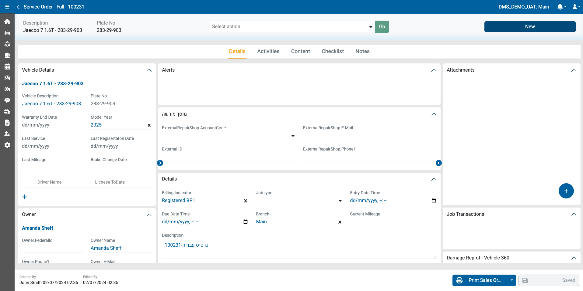 Service order — vehicle details, owner, job details and transactions