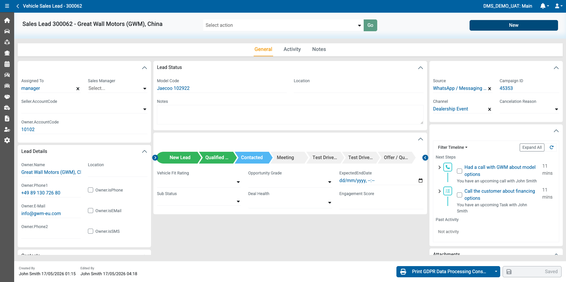 Vehicle sales lead record — lead status, details, pipeline and next-step timeline